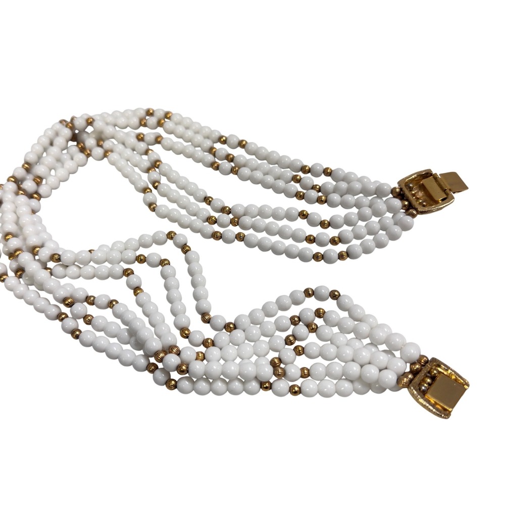 Multi Strand White milk glass Beaded Necklace Gold Tone Accent Clasp Statement - Picture 6 of 7